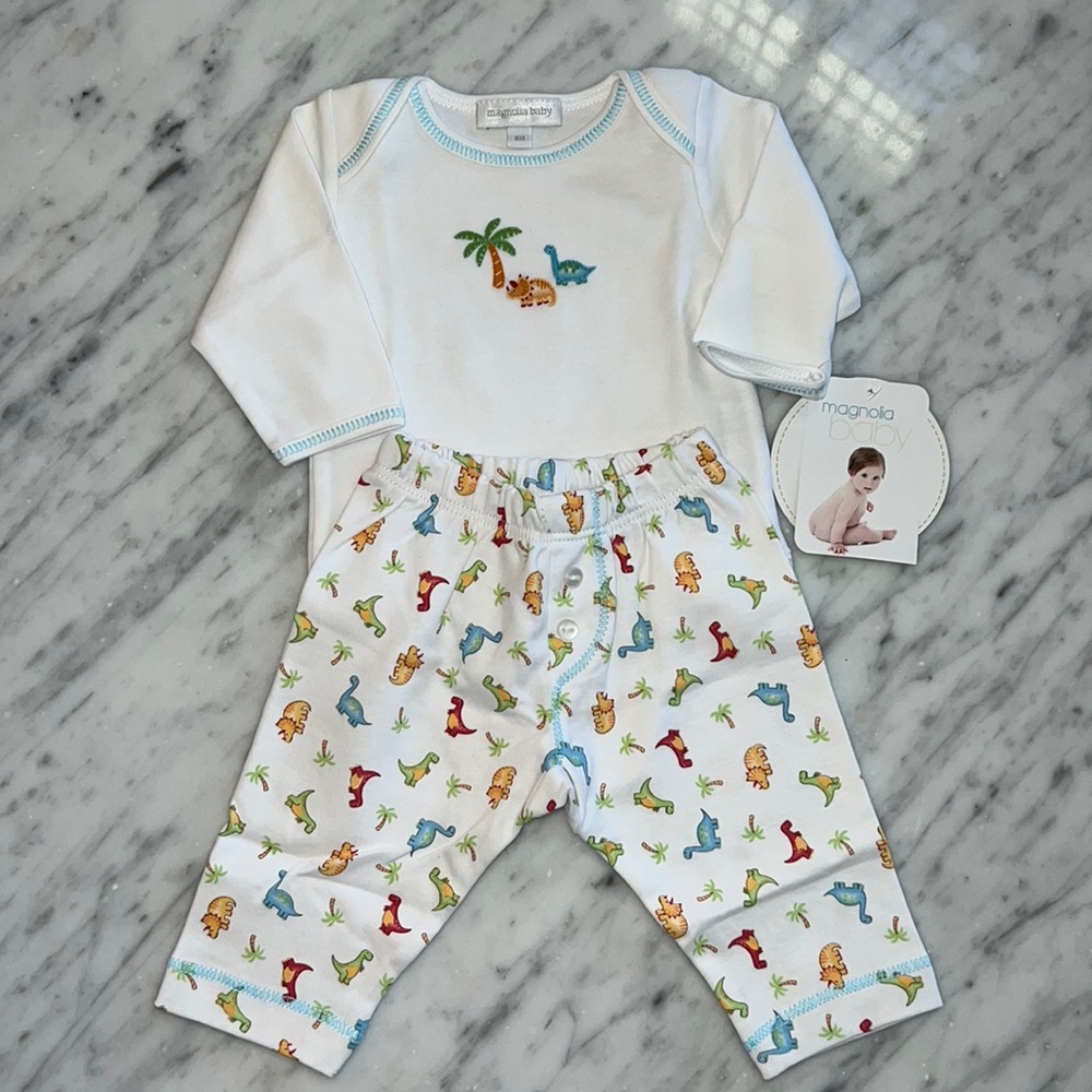 New Magnolia Baby Long Sleeve Embroidered Dinosaur Pant and Shirt Set